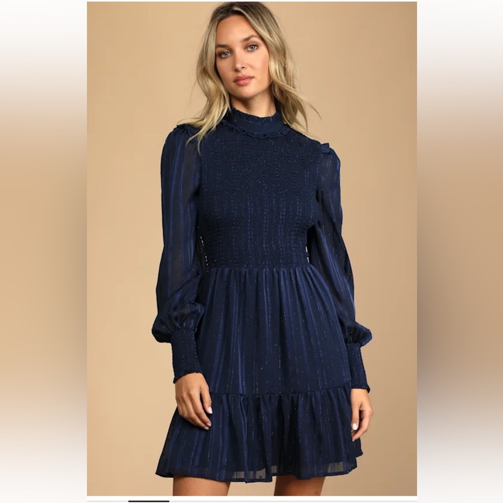 Lulu's Navy Heartful Romance l Smocked Long Sleeve Mini Dress - Picture 2 of 5